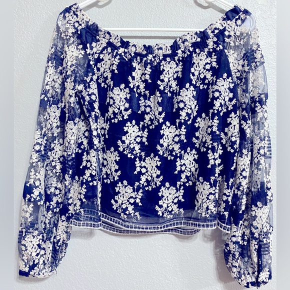 Lucy Paris size Small navy blue with white embroidery off-shoulder blouse - Picture 2 of 5